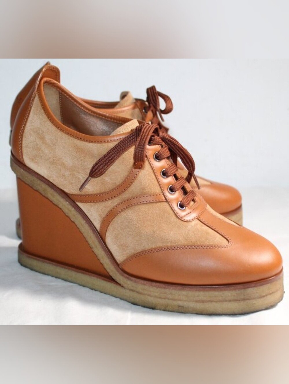 Celine Tan and Beige Wedge Lace-Up Heels